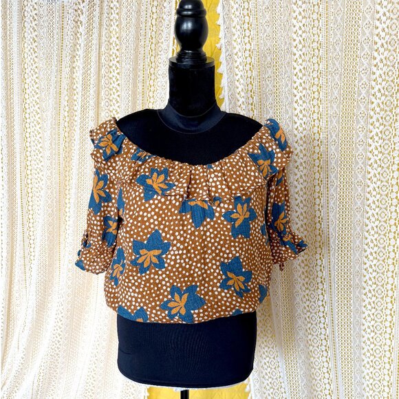 Porridge by Anthropologie Floral Blue & Gold Ruffled Crop Top - Size M - Picture 5 of 8